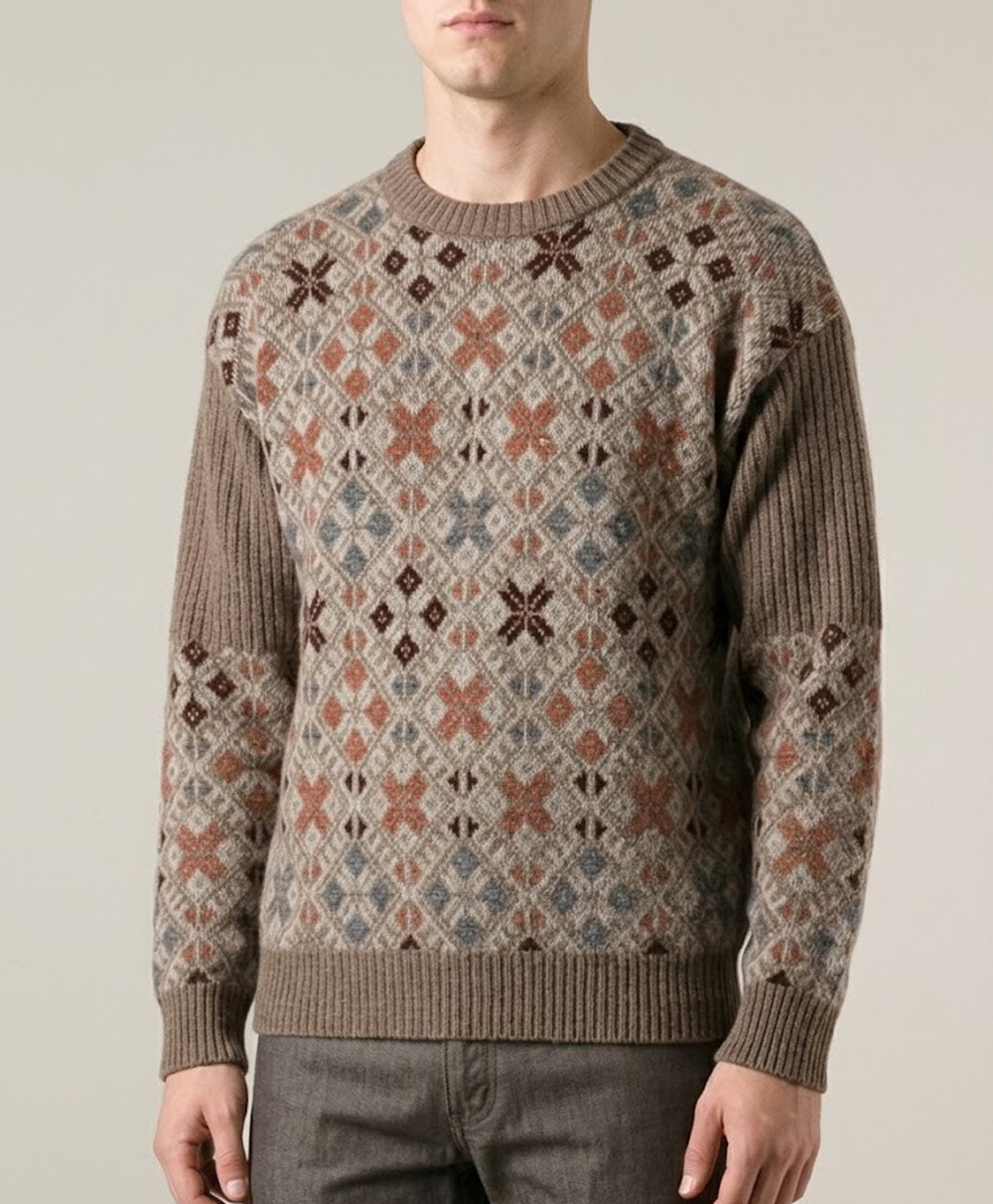 VTG CC Sport Mens L Sweater Merino Wool Blend Geometric Fair Isle Snowflake Tan